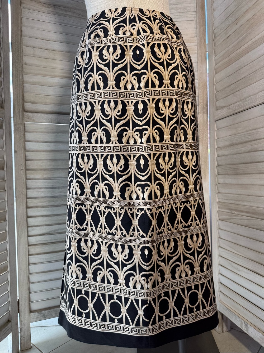 Talbots Black Maxi Skirt with Cream Embroidered Motif